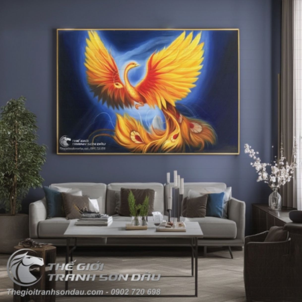 Tranh Chim Phượng Hoàng Tung Cánh Sơn Dầu 80x120cm Khung 7cm 