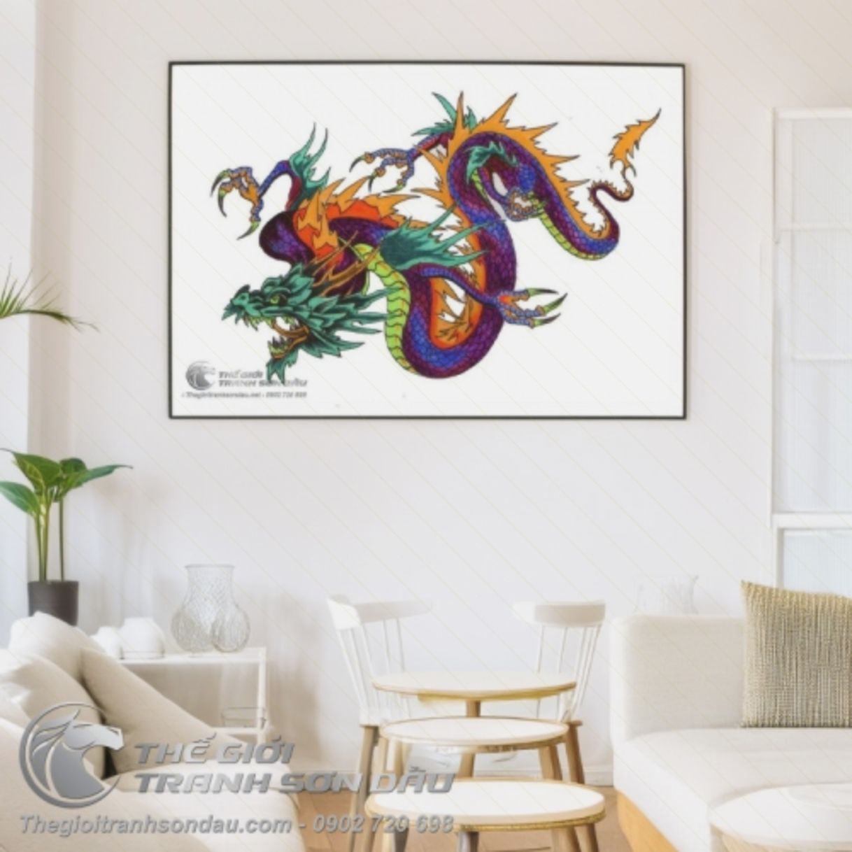 Tranh rồng màu tím sơn dầu đa sắc kích thước lớn 