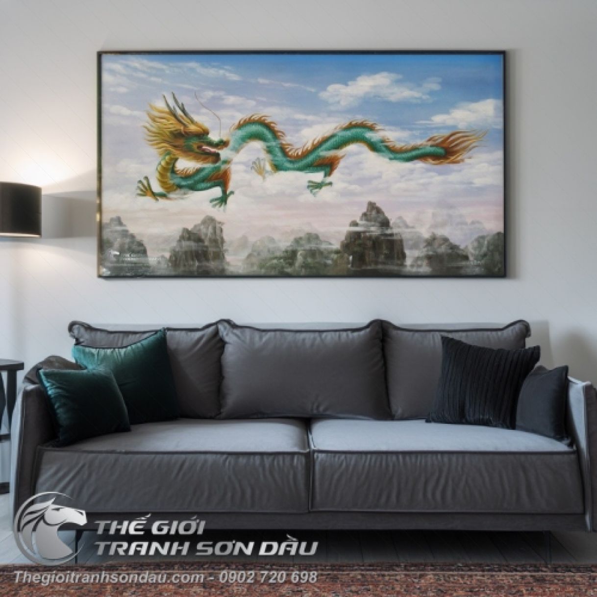 Tranh Sơn Dầu Rồng Xanh Bay Trên Núi Khổ Lớn 60x90cm 