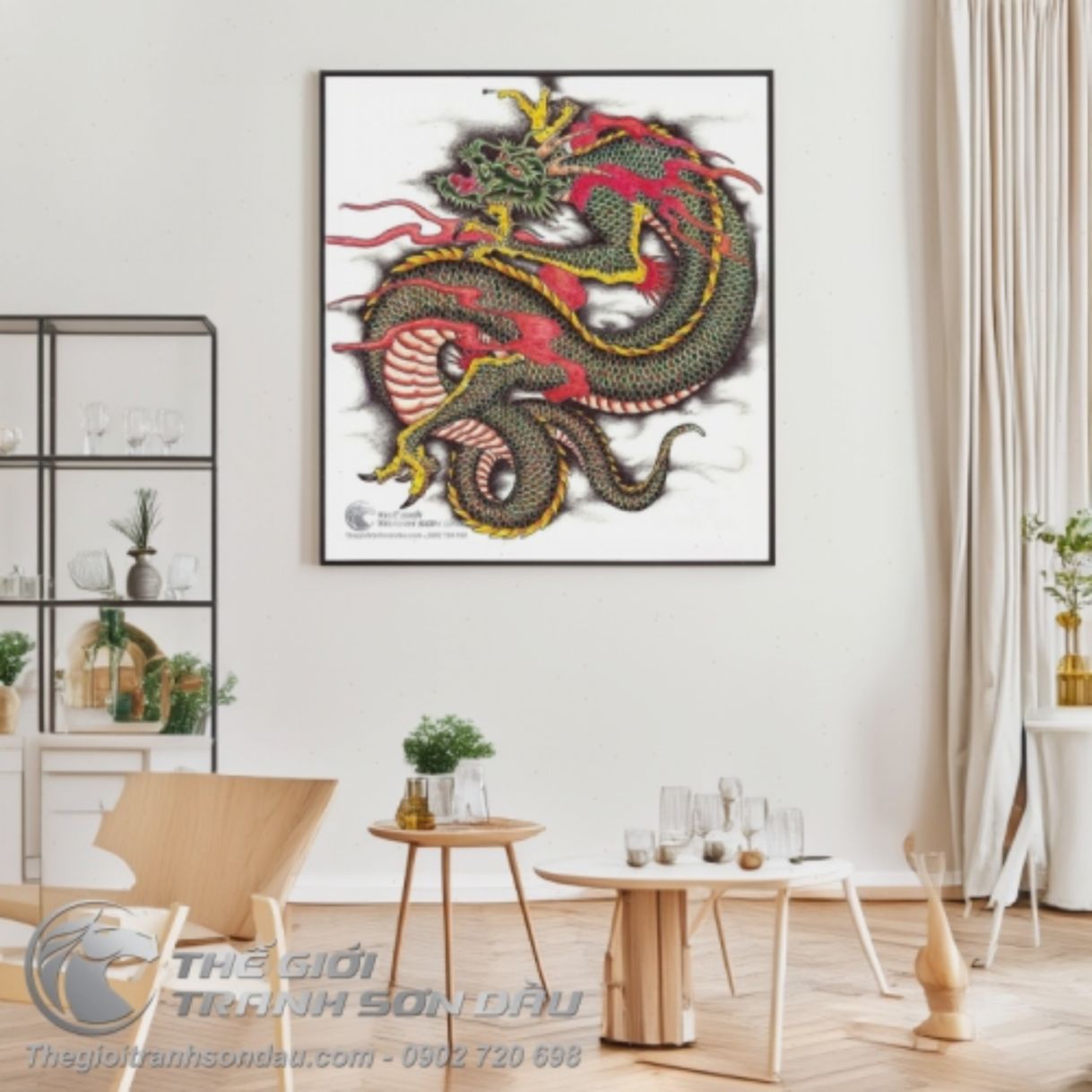 Tranh vẽ rồng lớn đầu xanh sơn dầu 60x90cm đa sắc khung 6cm tranh nghệ thuật 