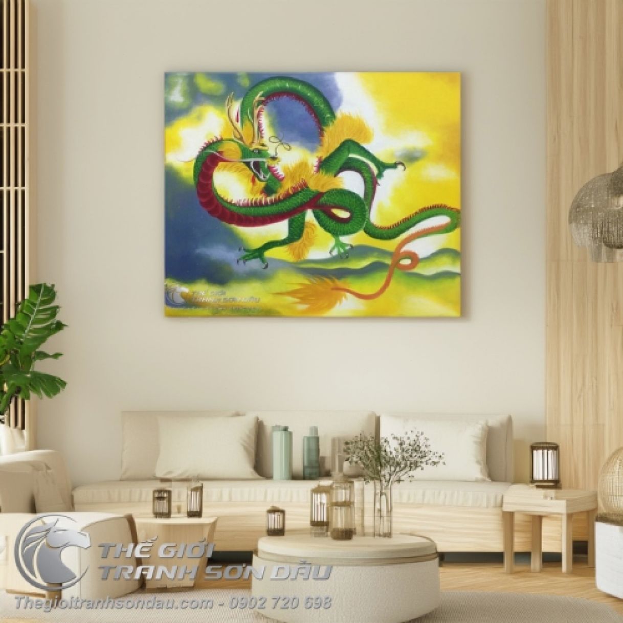 Tranh Rồng Xanh Thanh Long Sơn Dầu 50x60cm Khung 4cm Đa Sắc 