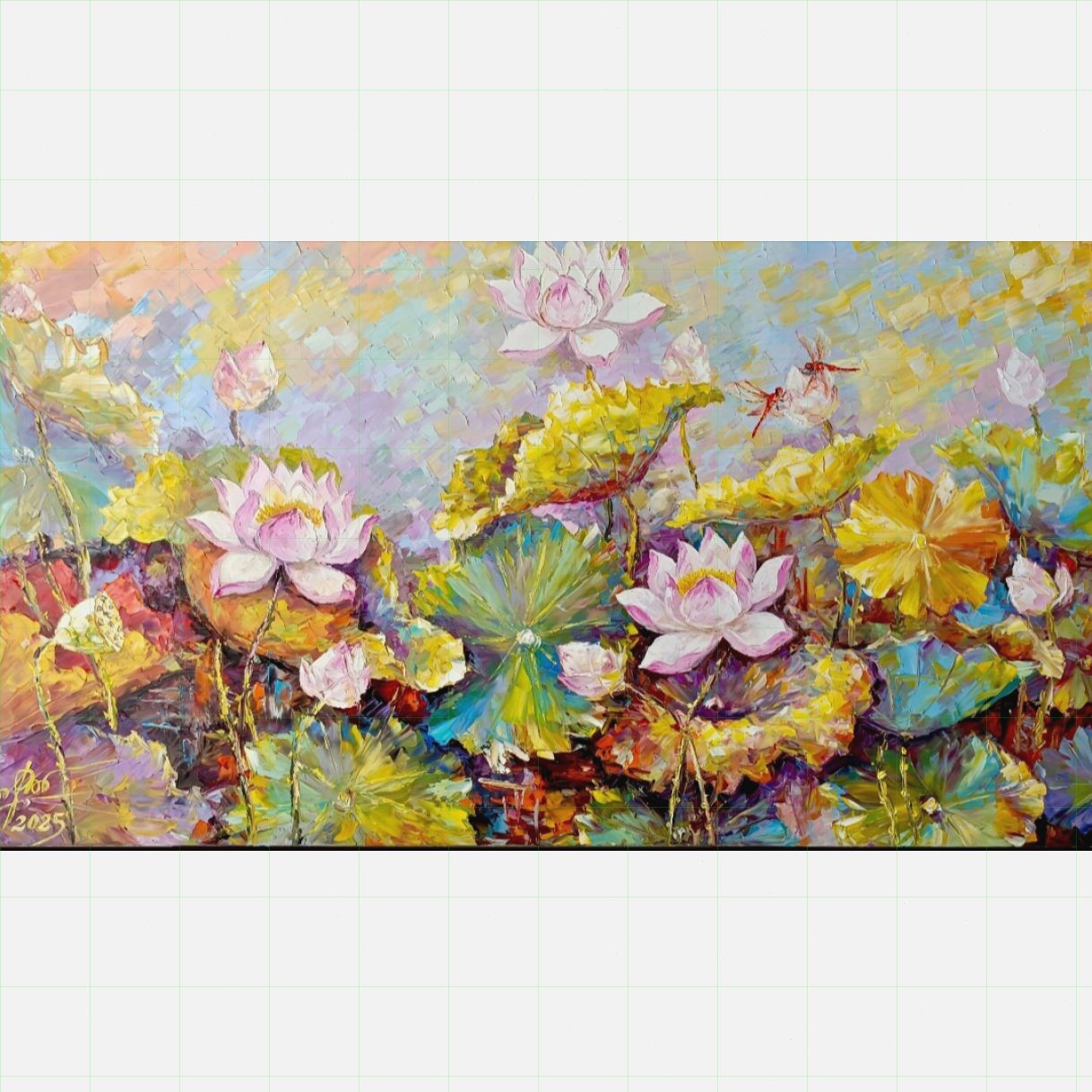 Tranh Hoa Sen Nắng Sen Sơn Dầu Bay Nổi 80x140cm Độc Quyền 