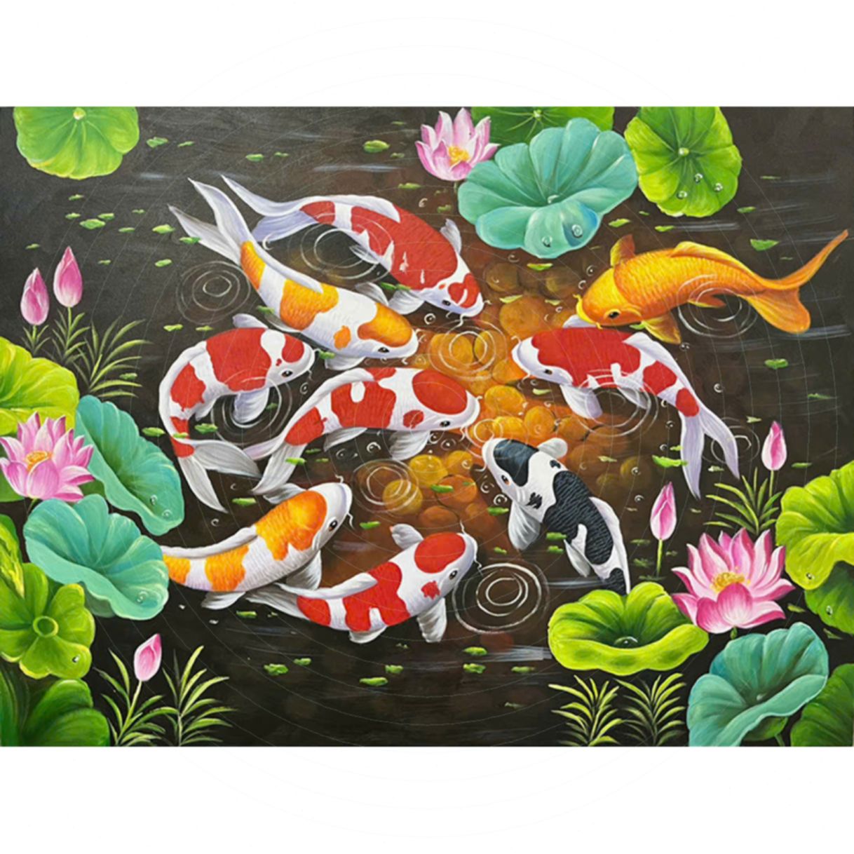 Tranh Sơn Dầu Cửu Ngư Quần Hội Canvas Khung Gỗ 80cm 