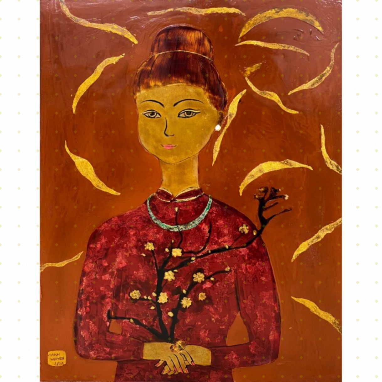 Tranh Sơn Mài Thiếu Nữ Cùng Nhành Mai 45x60cm Độc Bản 