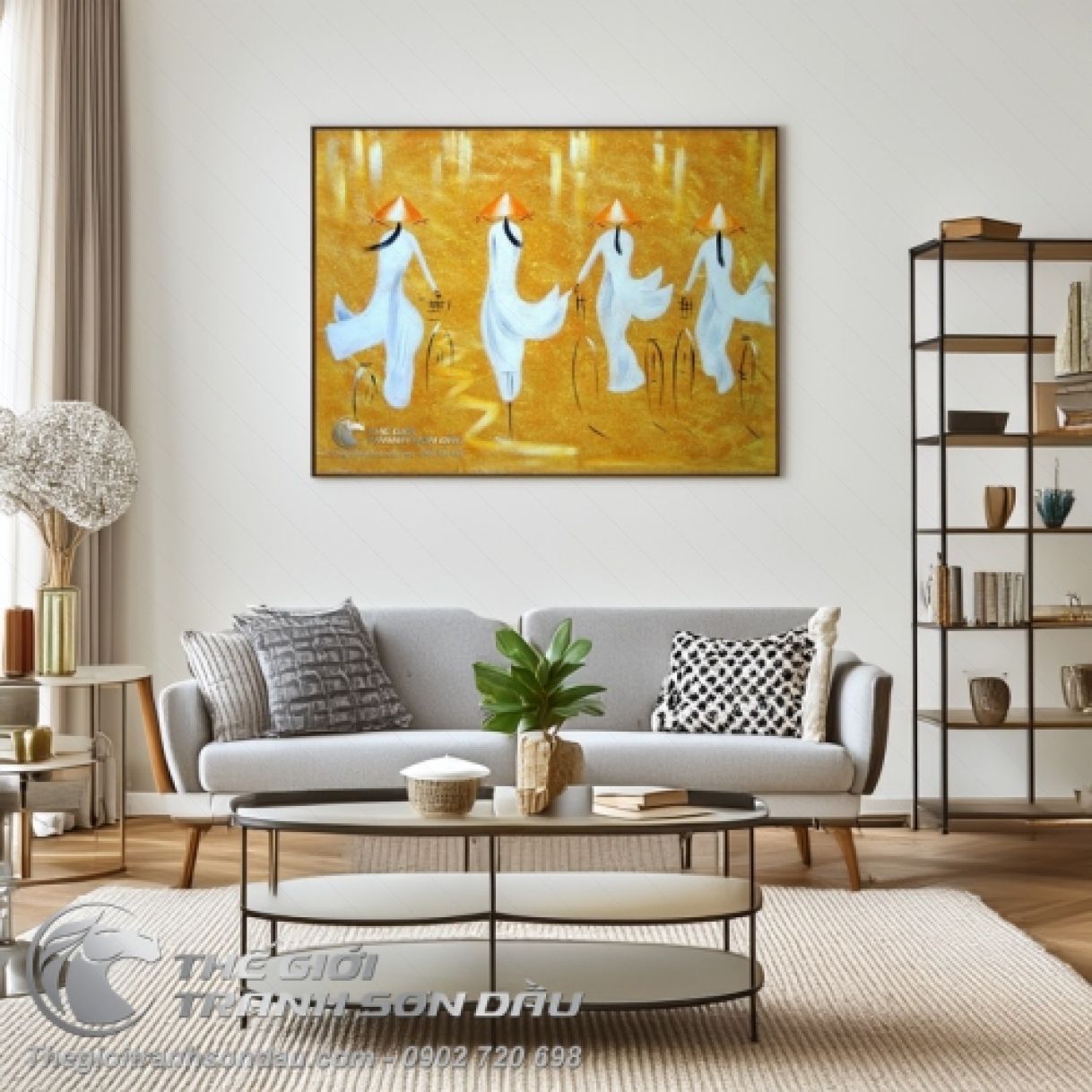 Tranh Thiếu Nữ Áo Dài Trắng Nền Cam Sơn Dầu 60x90cm Trang Trí Sang Trọng 