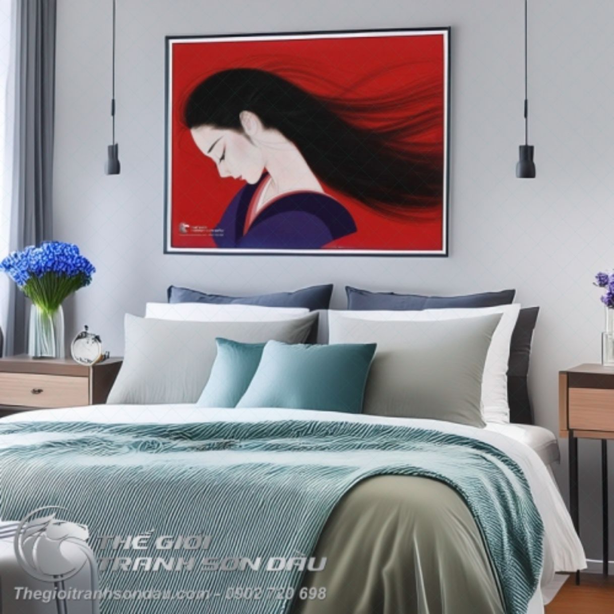 Tranh Vẽ Thiếu Nữ Mái Tóc Dài Buồn Sơn Dầu Kích Thước Đa Dạng Trang Trí 