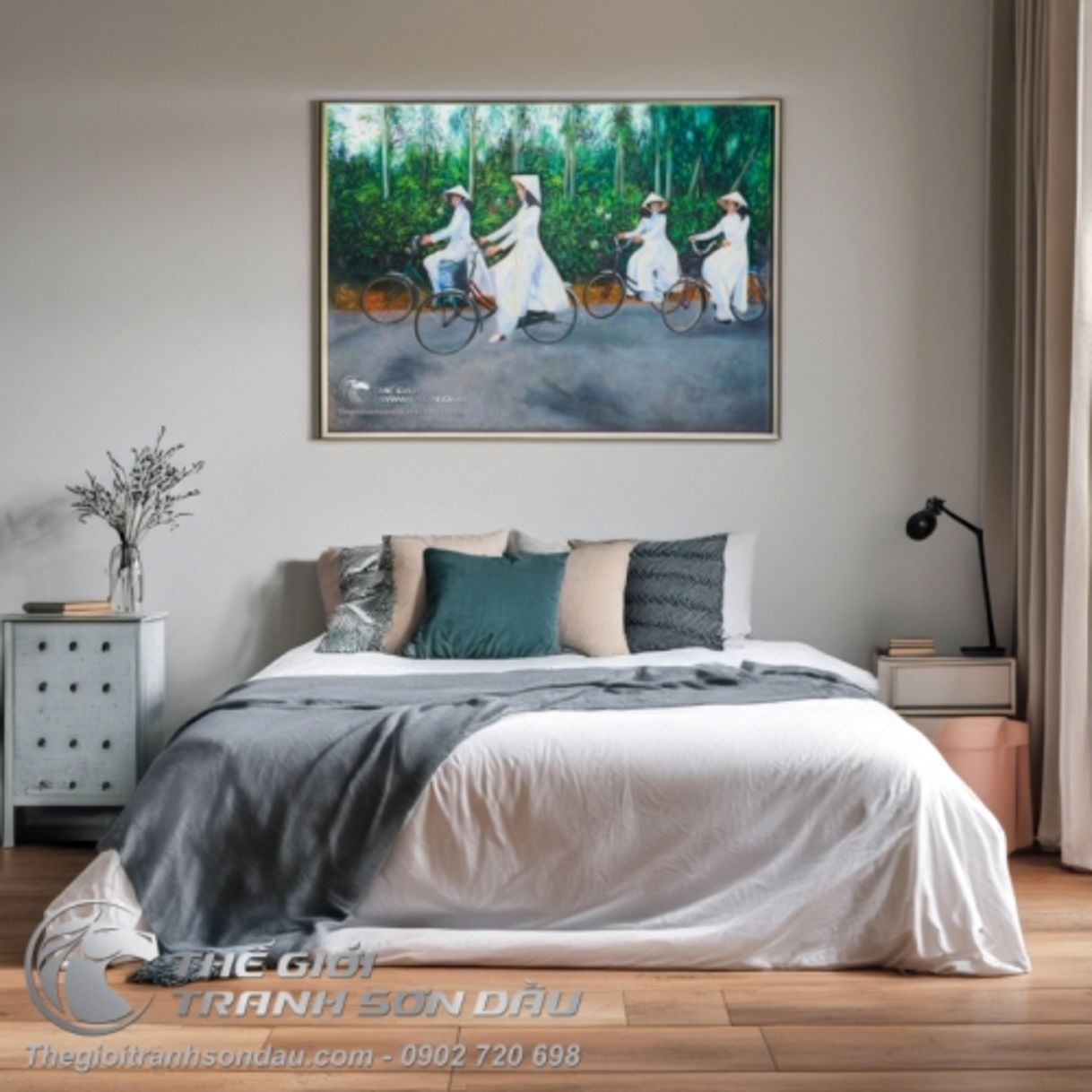 Tranh Bốn Thiếu Nữ Áo Dài Trắng Đi Xe Đạp Sơn Dầu Đẹp 