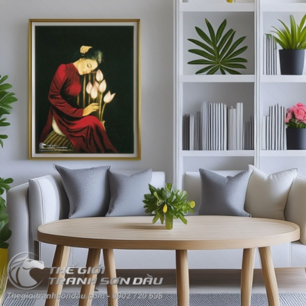 Tranh Thiếu Nữ Áo Dài Đỏ Bên Hoa Sen Sơn Dầu Đa Kích Thước 
