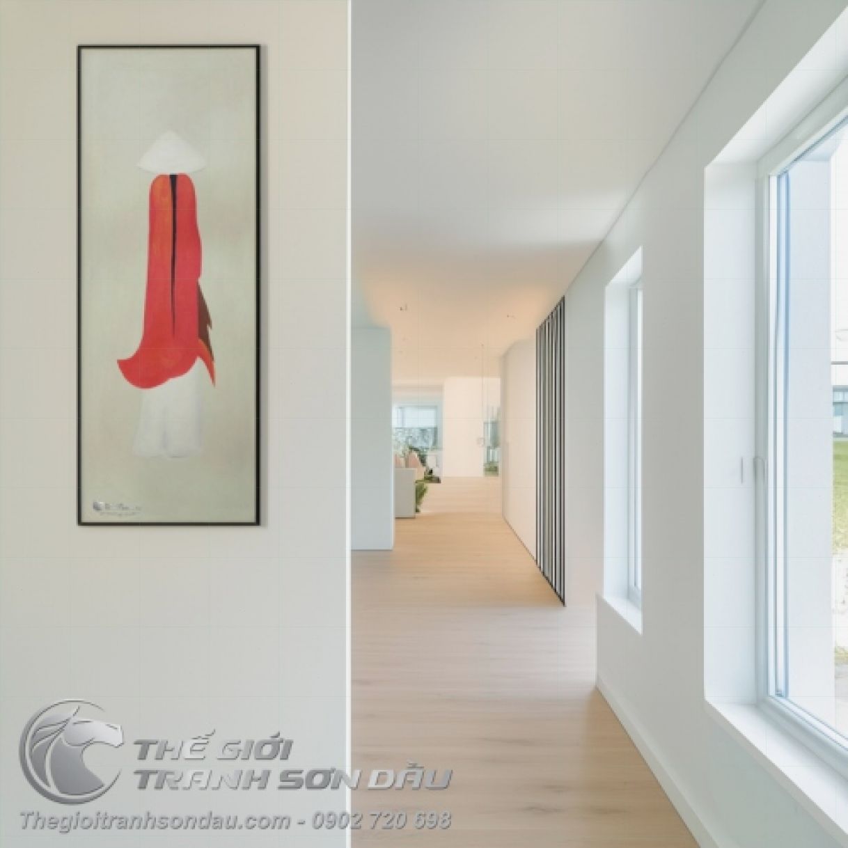 Tranh Sơn Dầu Cô Gái Áo Dài Đỏ 60x90cm Sang Trọng 