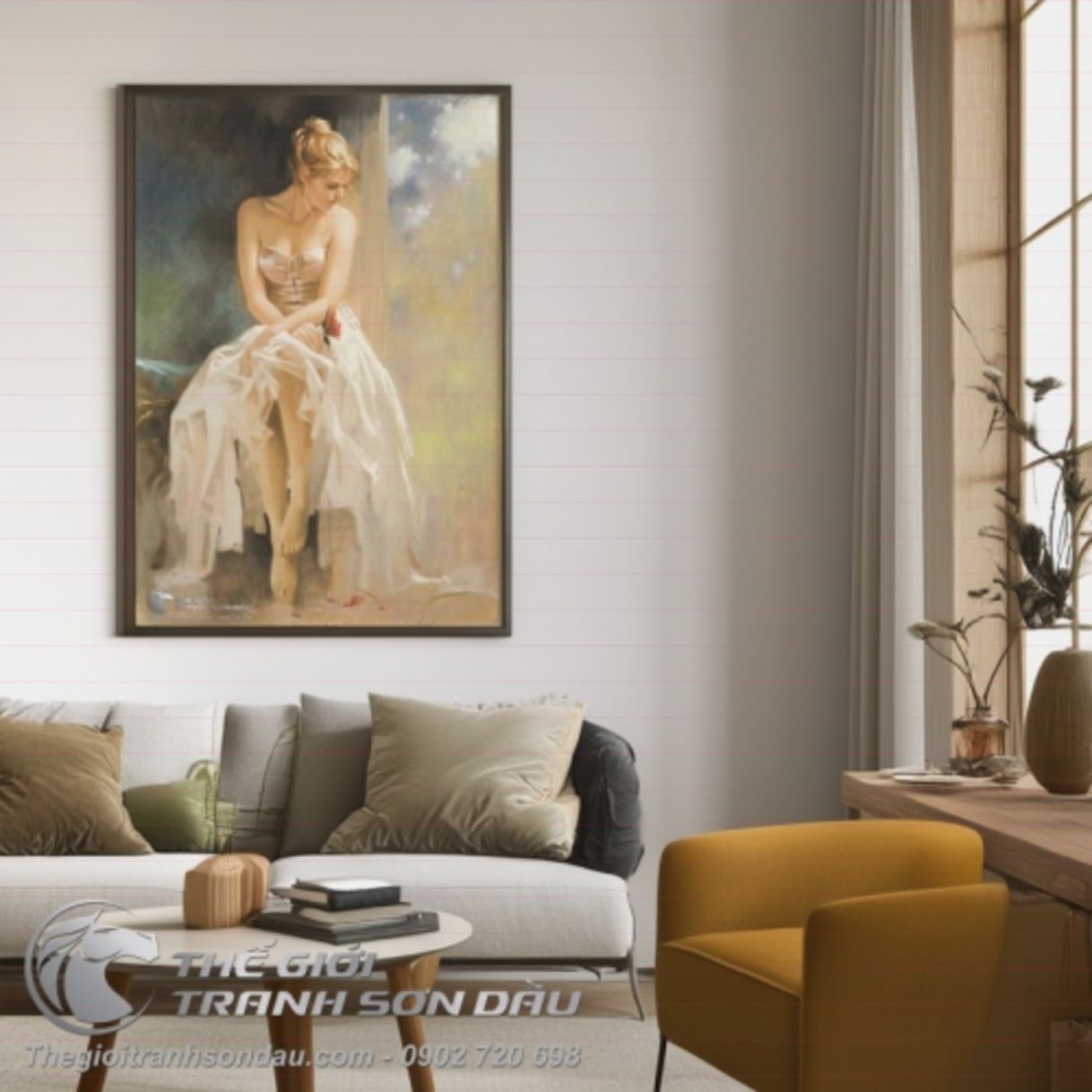 Tranh Sơn Dầu Thiếu Nữ Cầm Hoa 60x90cm Đa Kích Thước 