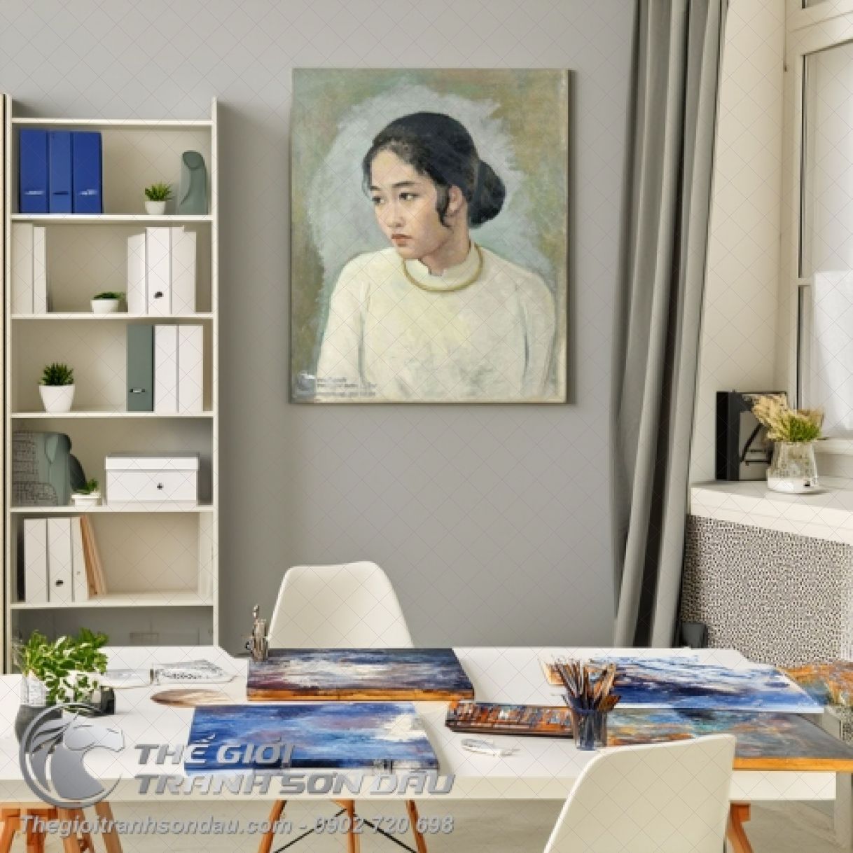 Tranh Sơn Dầu Thiếu Nữ Áo Dài Trắng 60x90cm Sang Trọng 