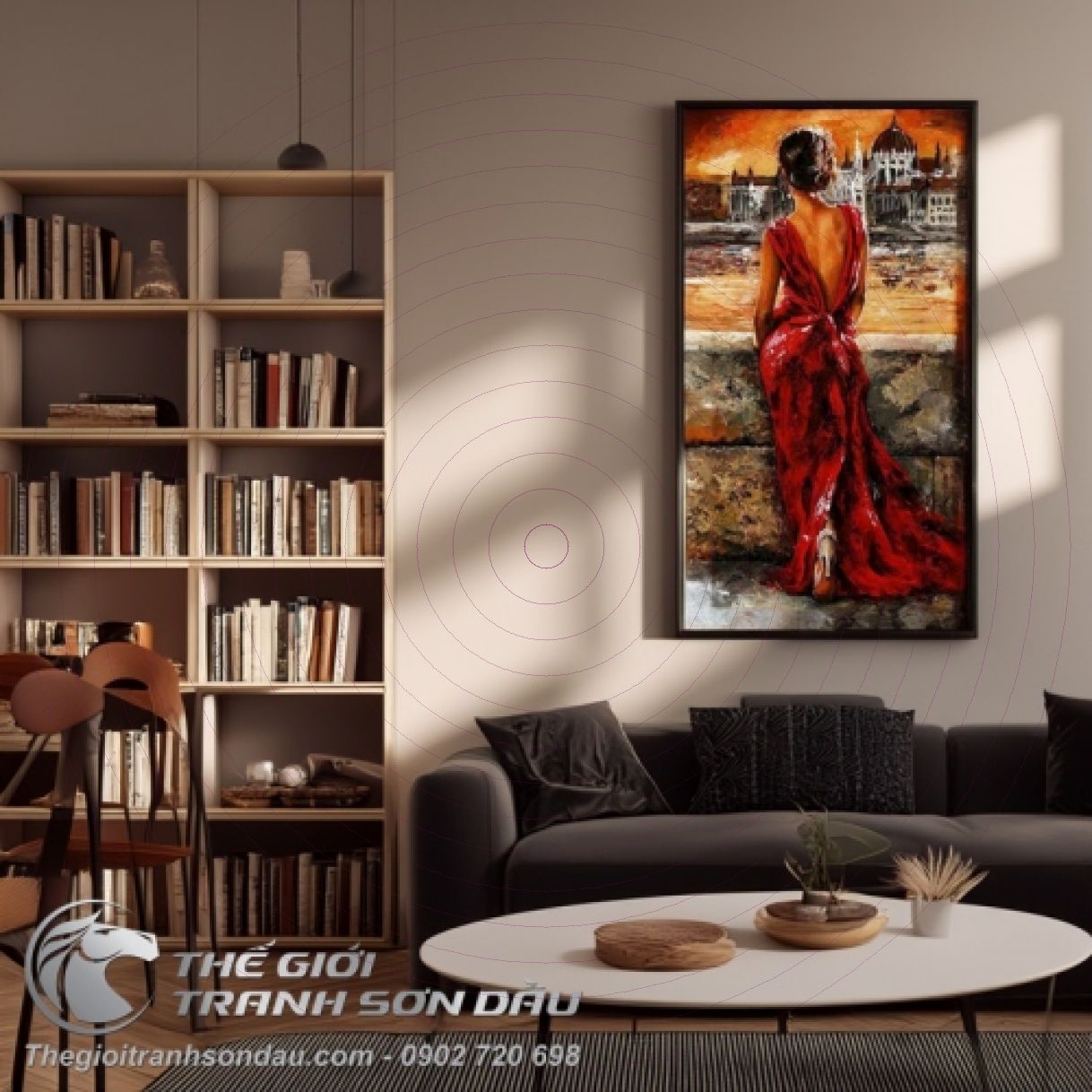 Tranh Sơn Dầu Cô Gái Đầm Đỏ 60-100cm Khung 6cm Sang Trọng Đa Sắc 