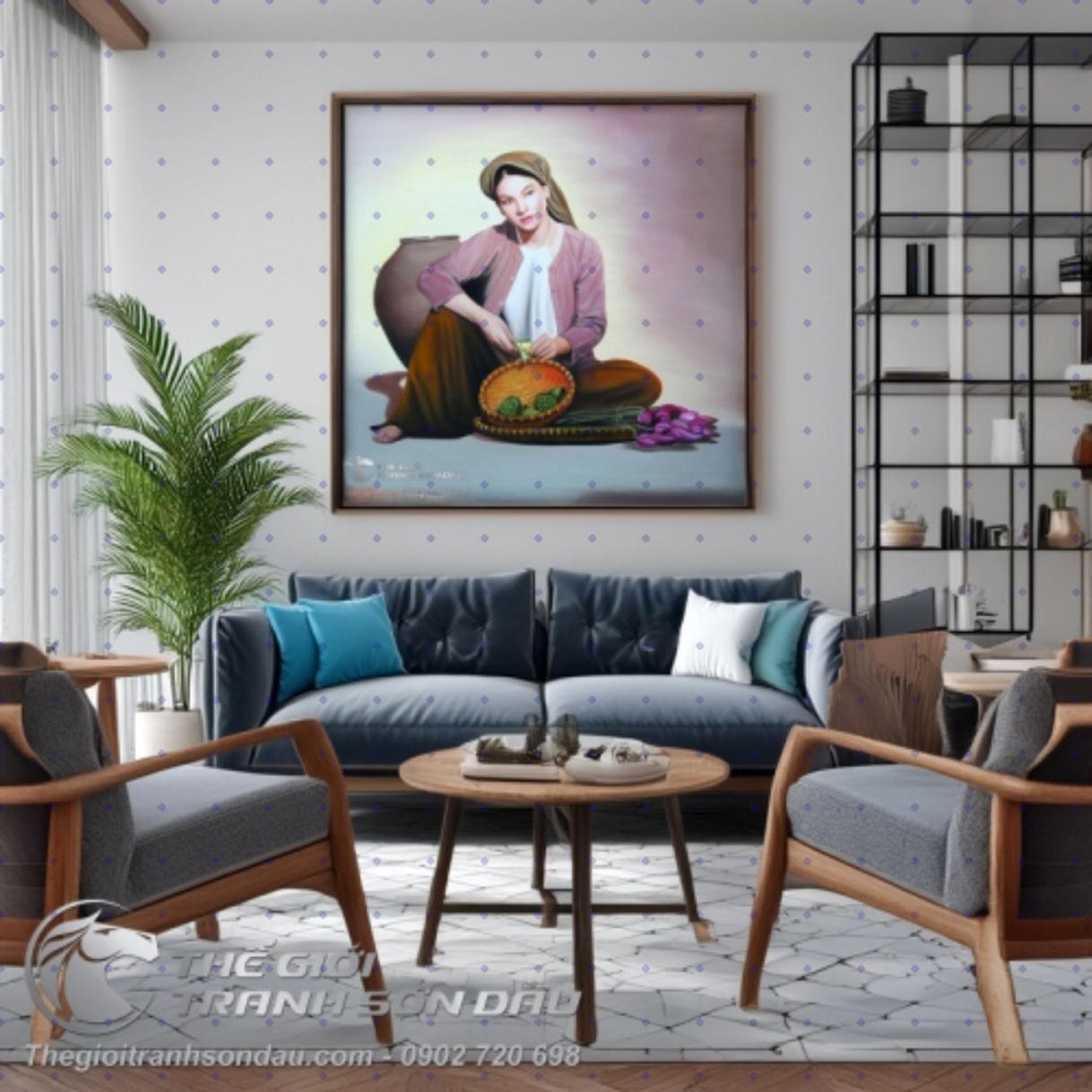 Tranh Thiếu Nữ Áo Yếm Tách Đài Sen Sơn Dầu 60x60cm 