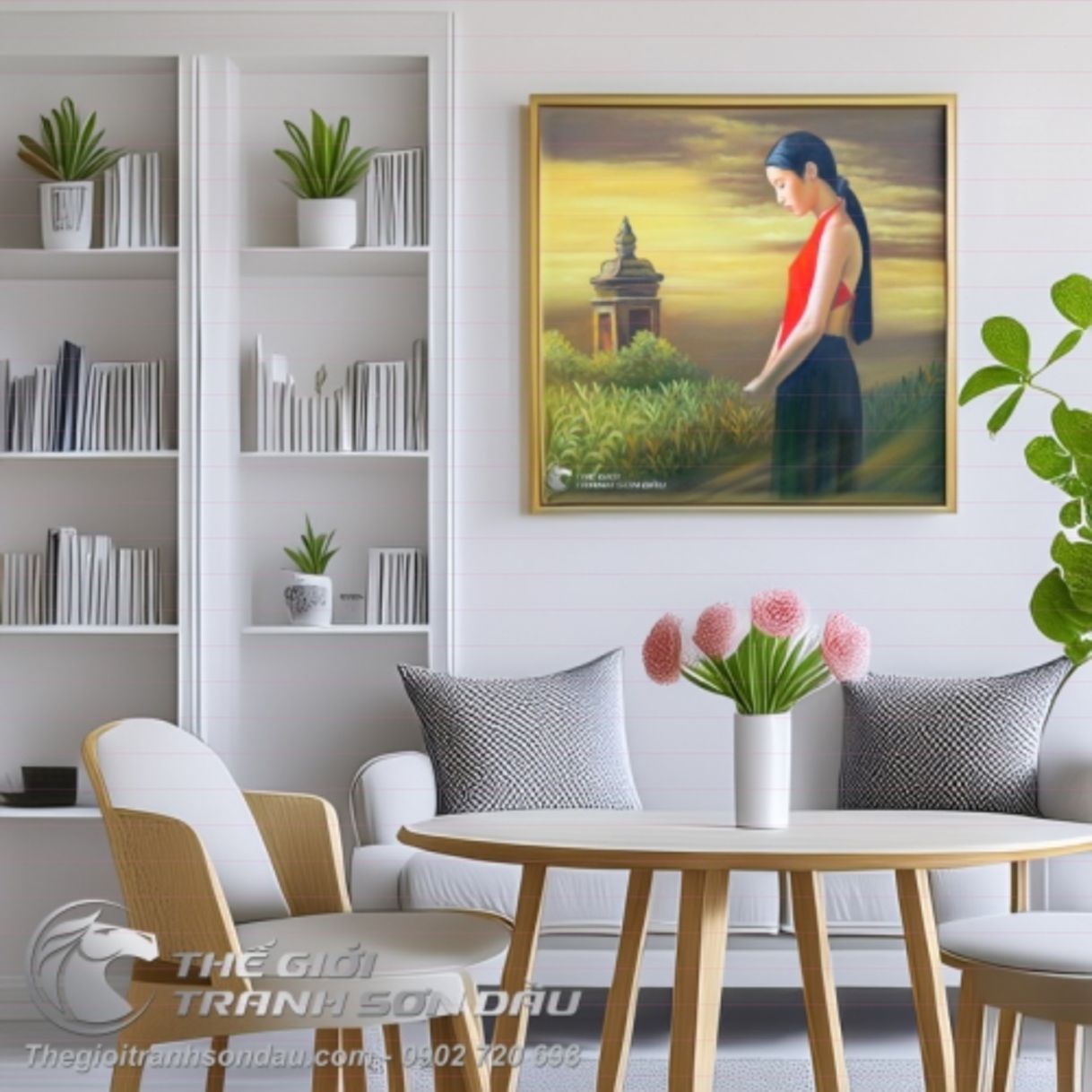 Tranh Thiếu Nữ Việt Nam Áo Yếm Đỏ Sơn Dầu 60x60cm Đa Sắc 