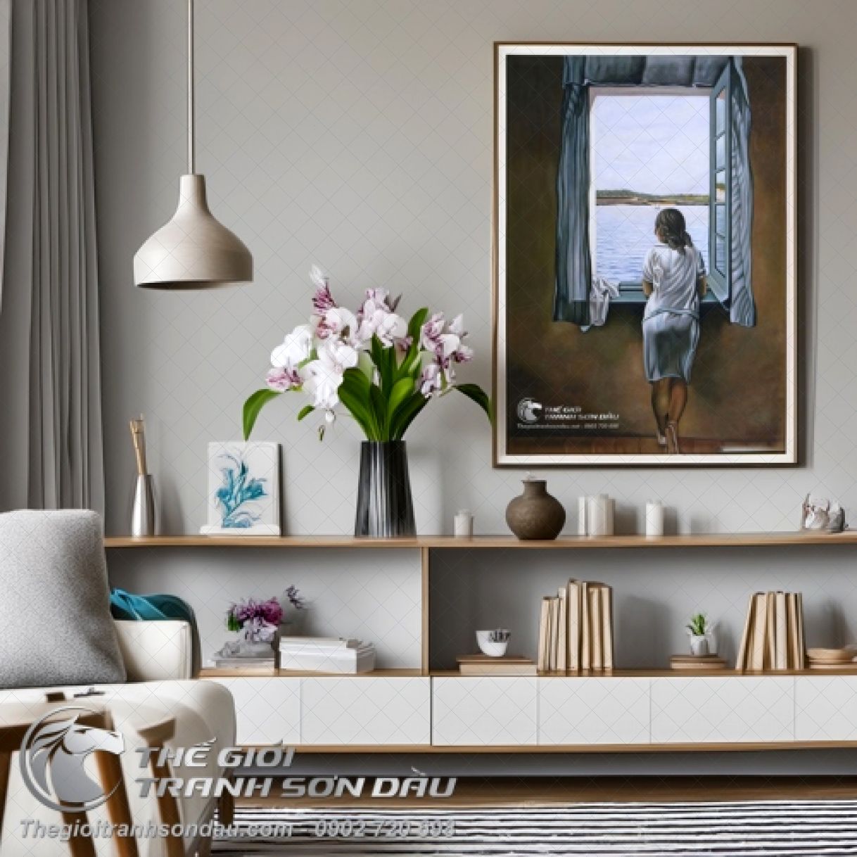 Tranh sơn dầu cô gái bên cửa sổ đa sắc nghệ thuật 