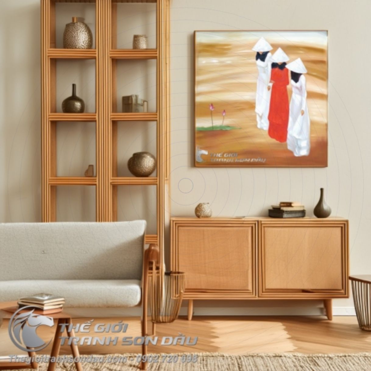 Tranh Sơn Dầu Thiếu Nữ Việt Nam Áo Dài 90x90cm Khung Gỗ Sang Trọng 