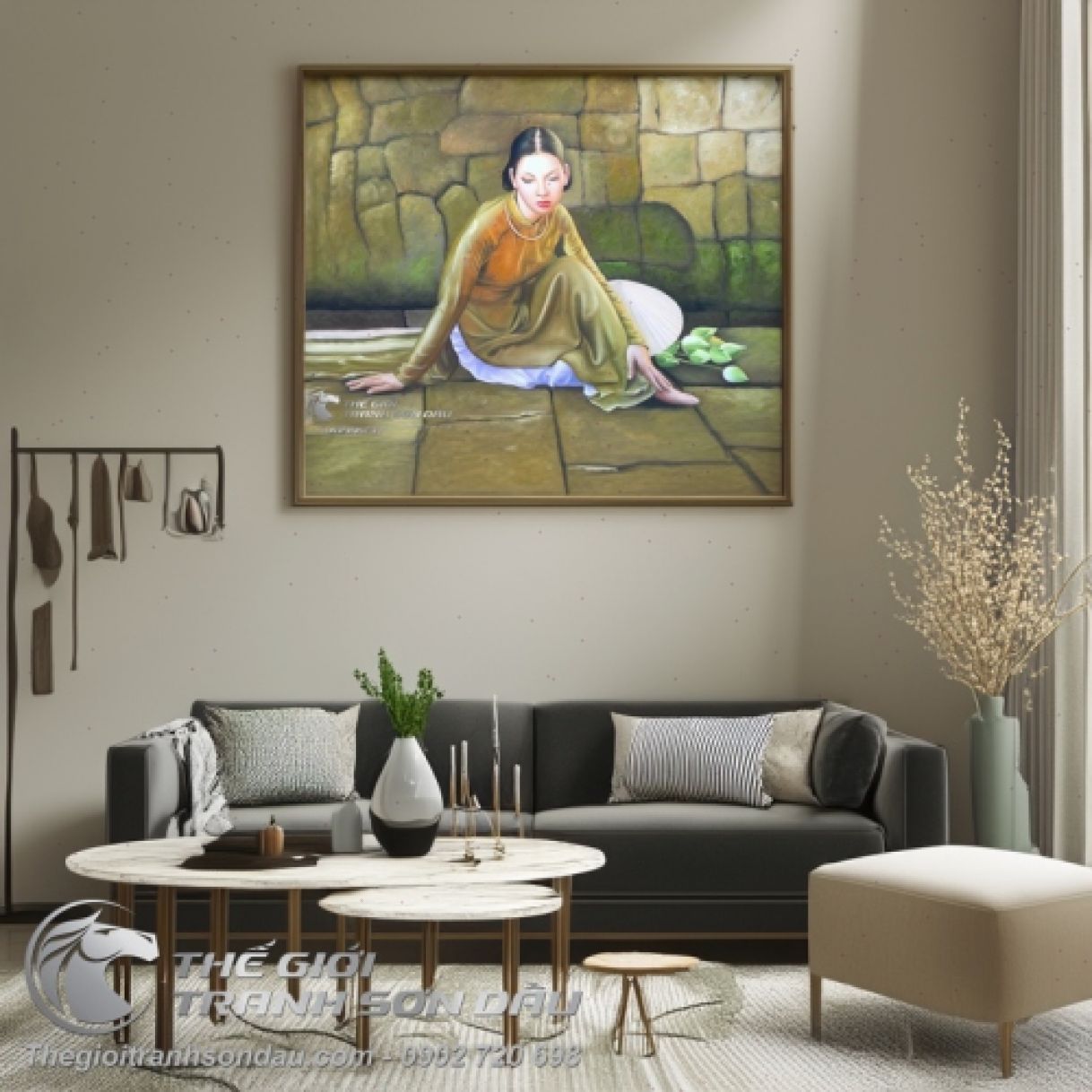Tranh Thiếu Nữ Việt Áo Dài Sơn Dầu 60x80cm Sang Trọng 