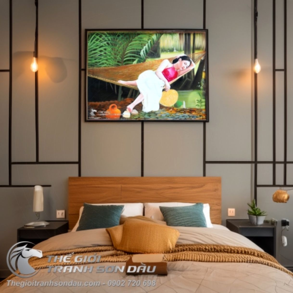 Tranh Thiếu Nữ Áo Yếm Nằm Võng Sơn Dầu 60x80cm Đa Sắc 