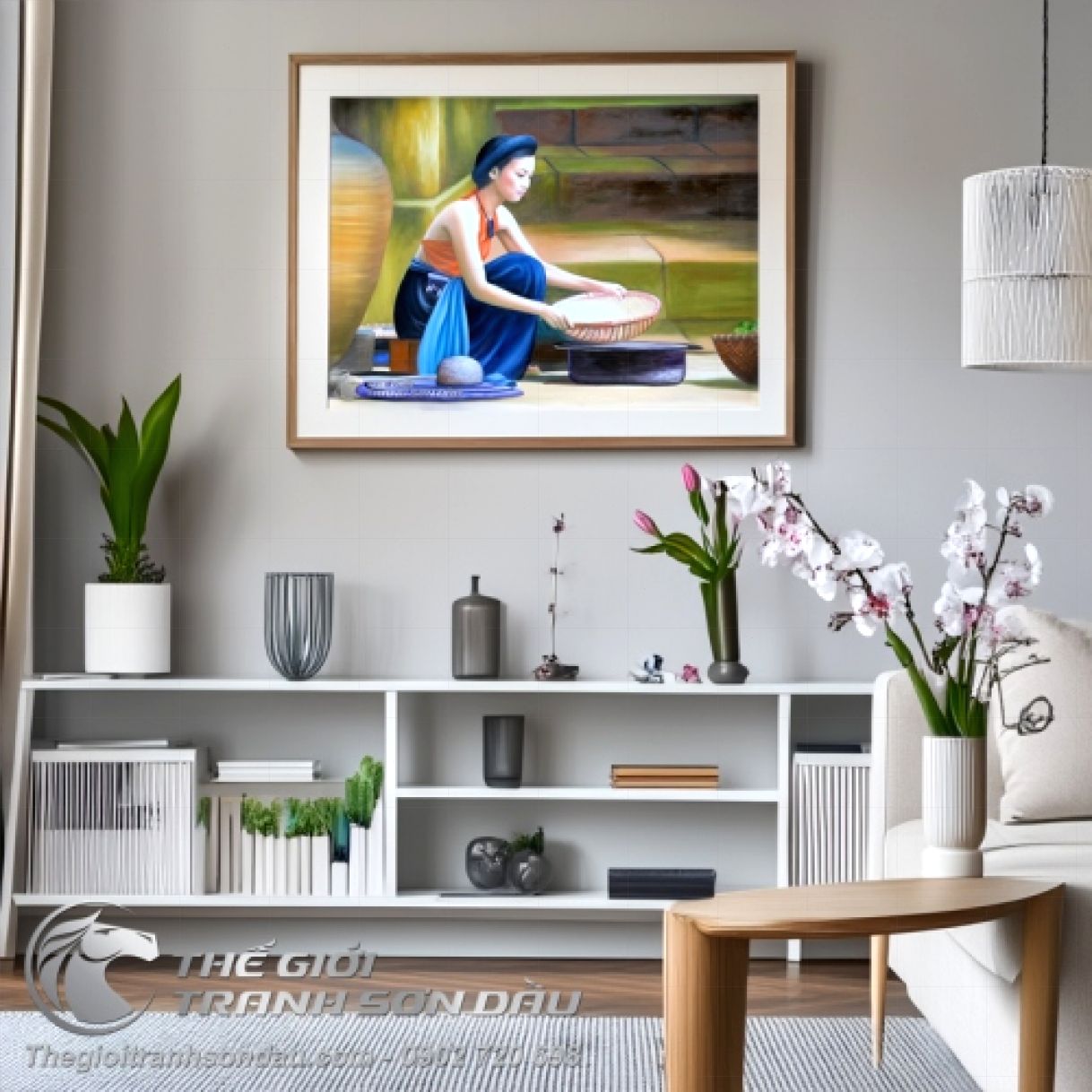 Tranh thiếu nữ Việt Nam mặc áo yếm sơn dầu khung 60x80cm 