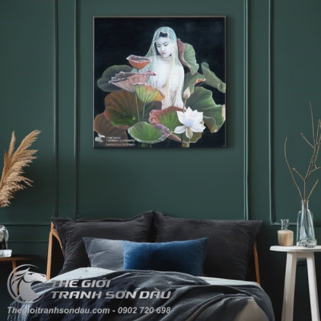 Tranh thiếu nữ khỏa thân ẩn mình trong sen sơn dầu 60x60cm tranh đẹp 