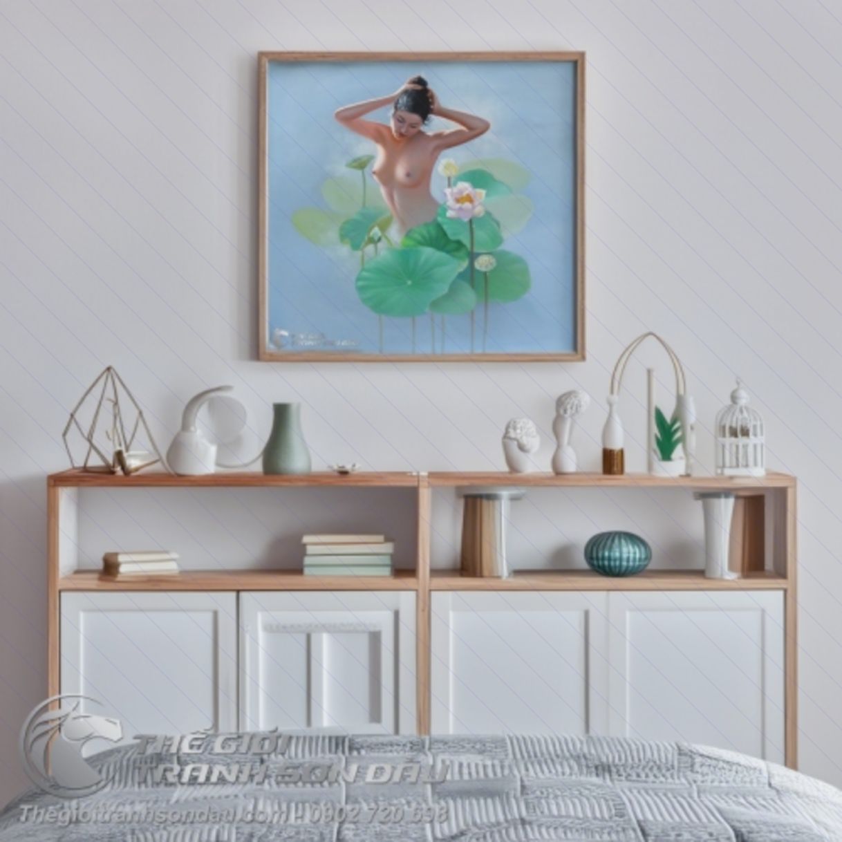 Tranh Thiếu Nữ Khỏa Thân Giữa Hoa Sen Sơn Dầu 60x60cm 