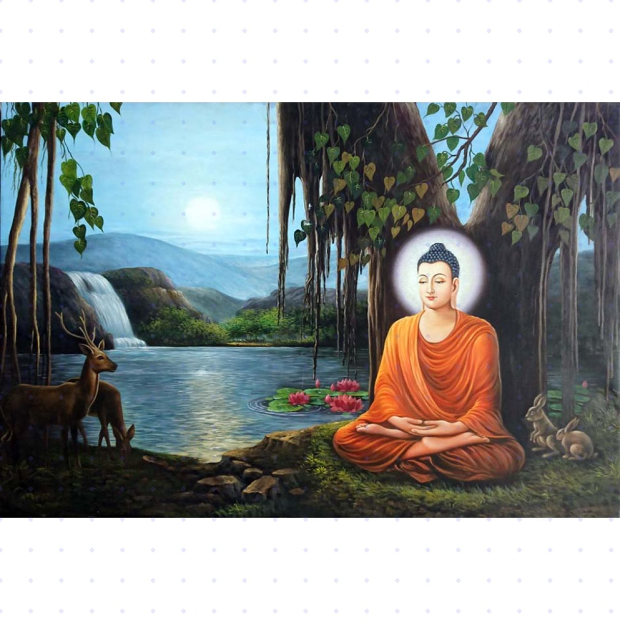 Tranh Bổn Sư Thích Ca thiền định sơn dầu canvas khung composite cao cấp 