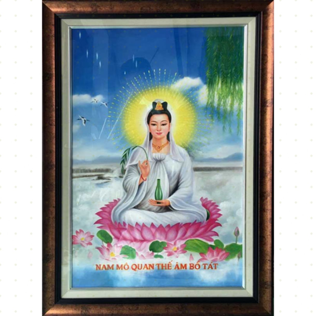 Tranh Thờ Phật Bà Quan Âm Sơn Dầu Canvas Khung Composite 