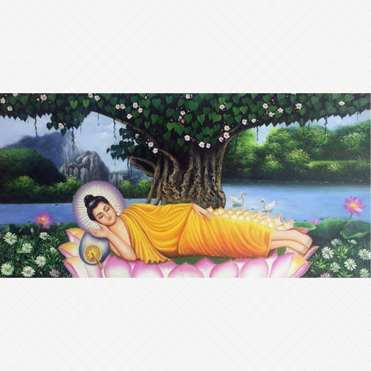 Tranh Phật Bổn Sư Thích Ca nhập Niết Bàn sơn dầu vải canvas khung composite 