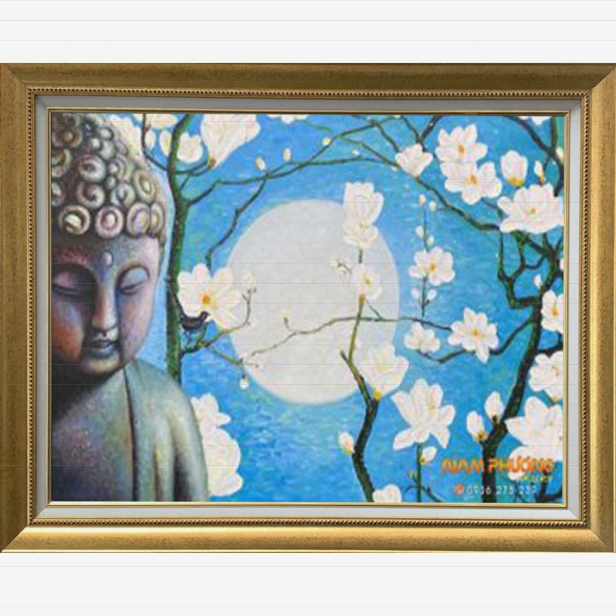 Tranh Phật Adida và Ánh Trăng sơn dầu tay vẽ tranh canvas khung composite 
