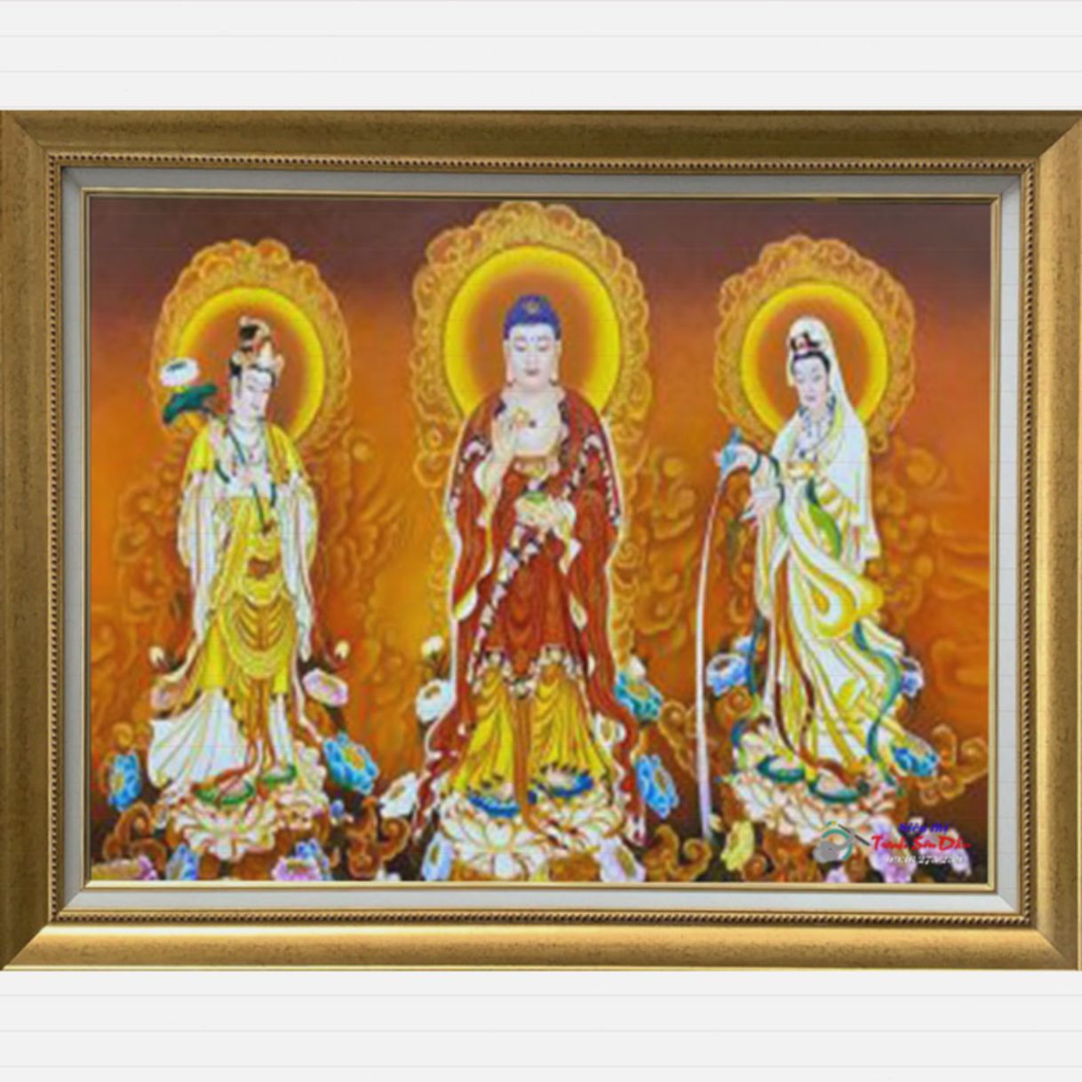 Tranh Tam Thế Phật Sơn Dầu Canvas Vẽ Tay 95x65cm 
