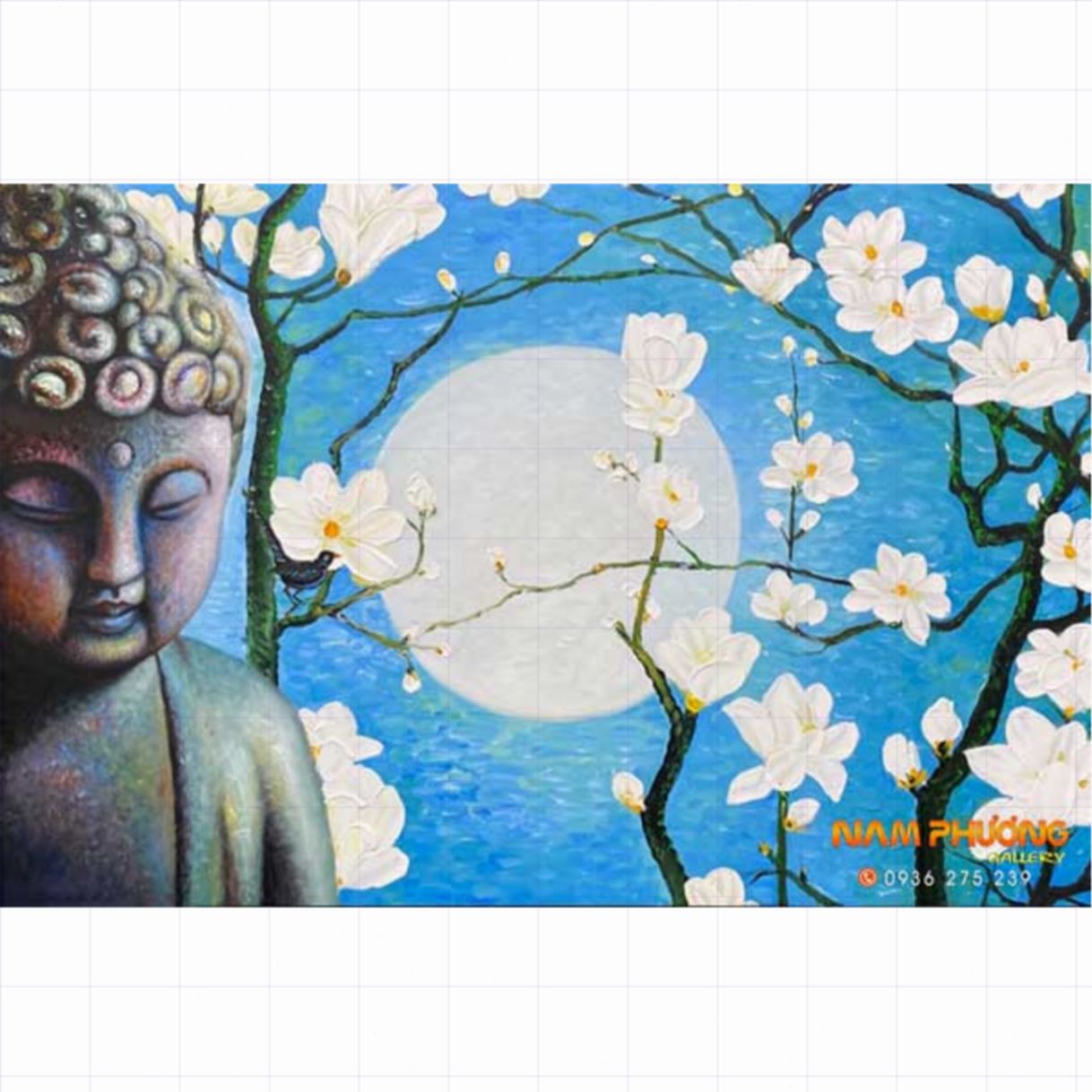 Tranh Phật Dưới Ánh Trăng Sơn Dầu Canvas 80x60cm Độc Bản 
