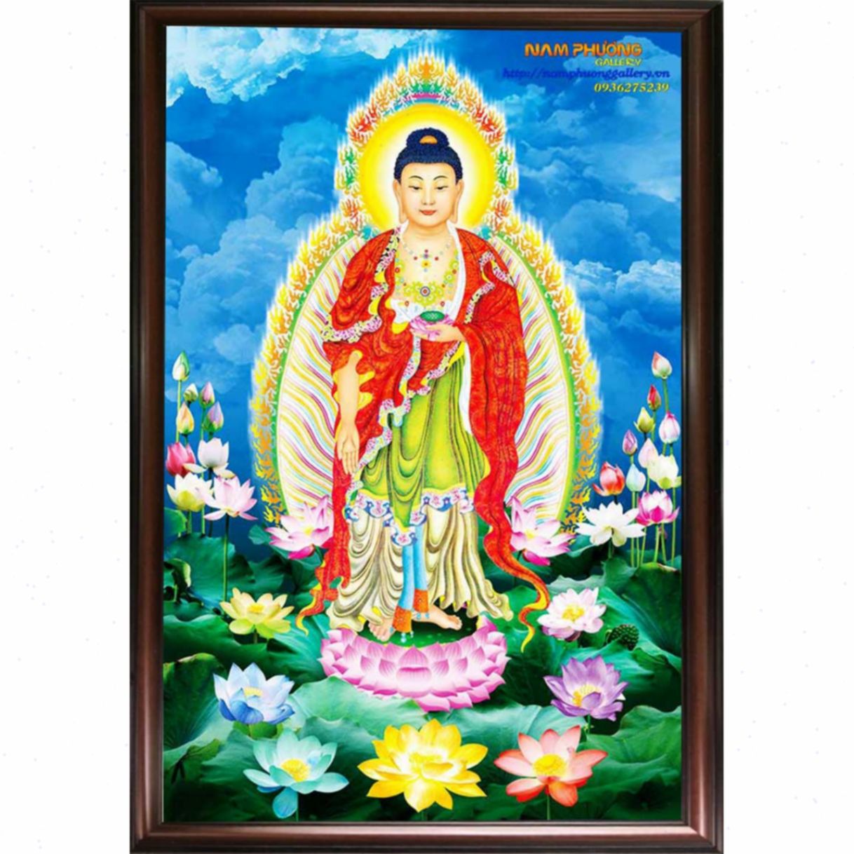 Tranh Phật A Di Đà đứng trên hoa sen sơn dầu trang nghiêm 