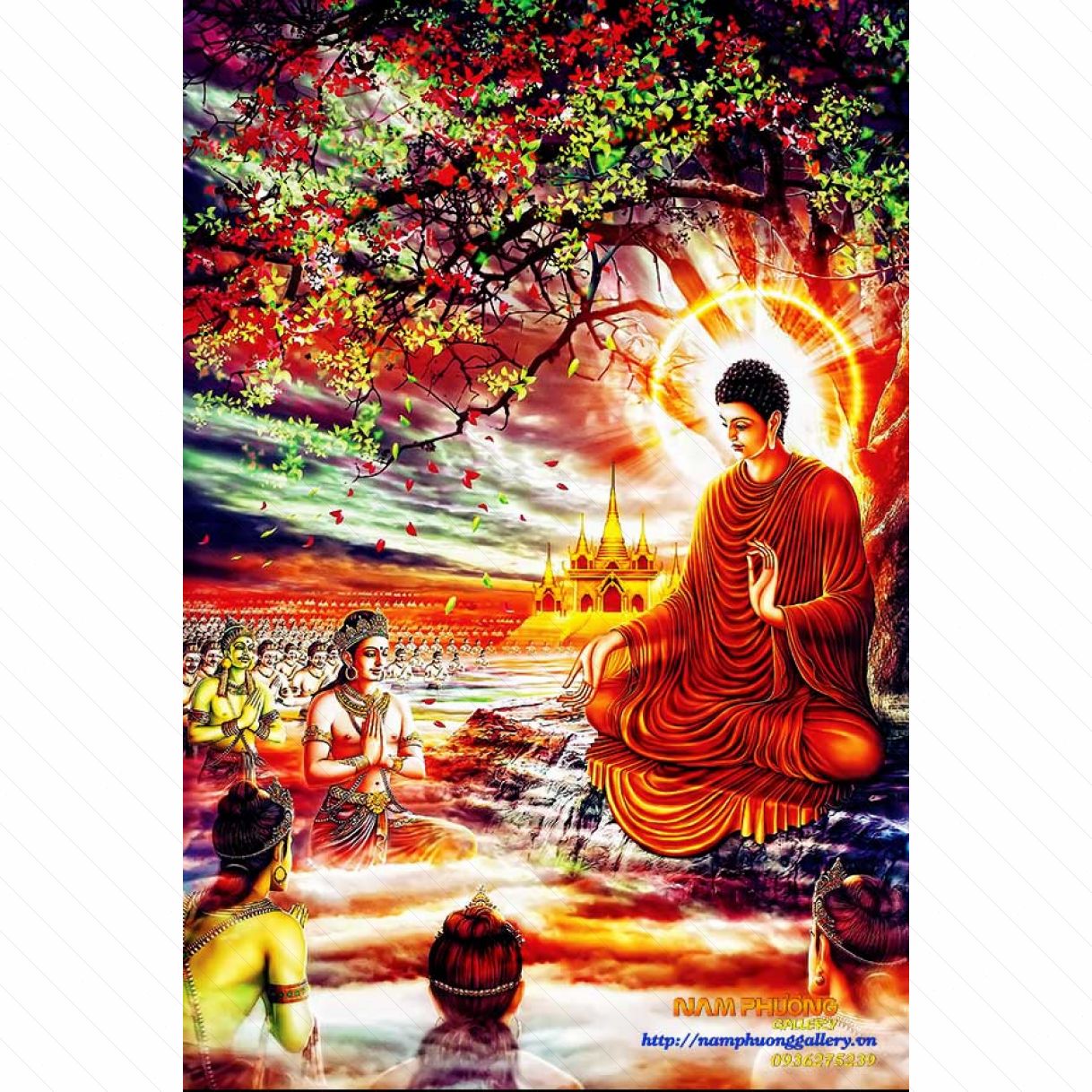 Tranh Phật Bổn Sư Thích Ca Giảng Đạo Sơn Dầu Khung Cao Cấp 