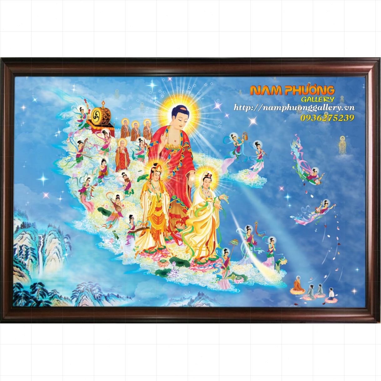 Tranh Sơn Dầu Phật Tây Phương Cực Lạc Vải Canvas Khung Composite 150cm 