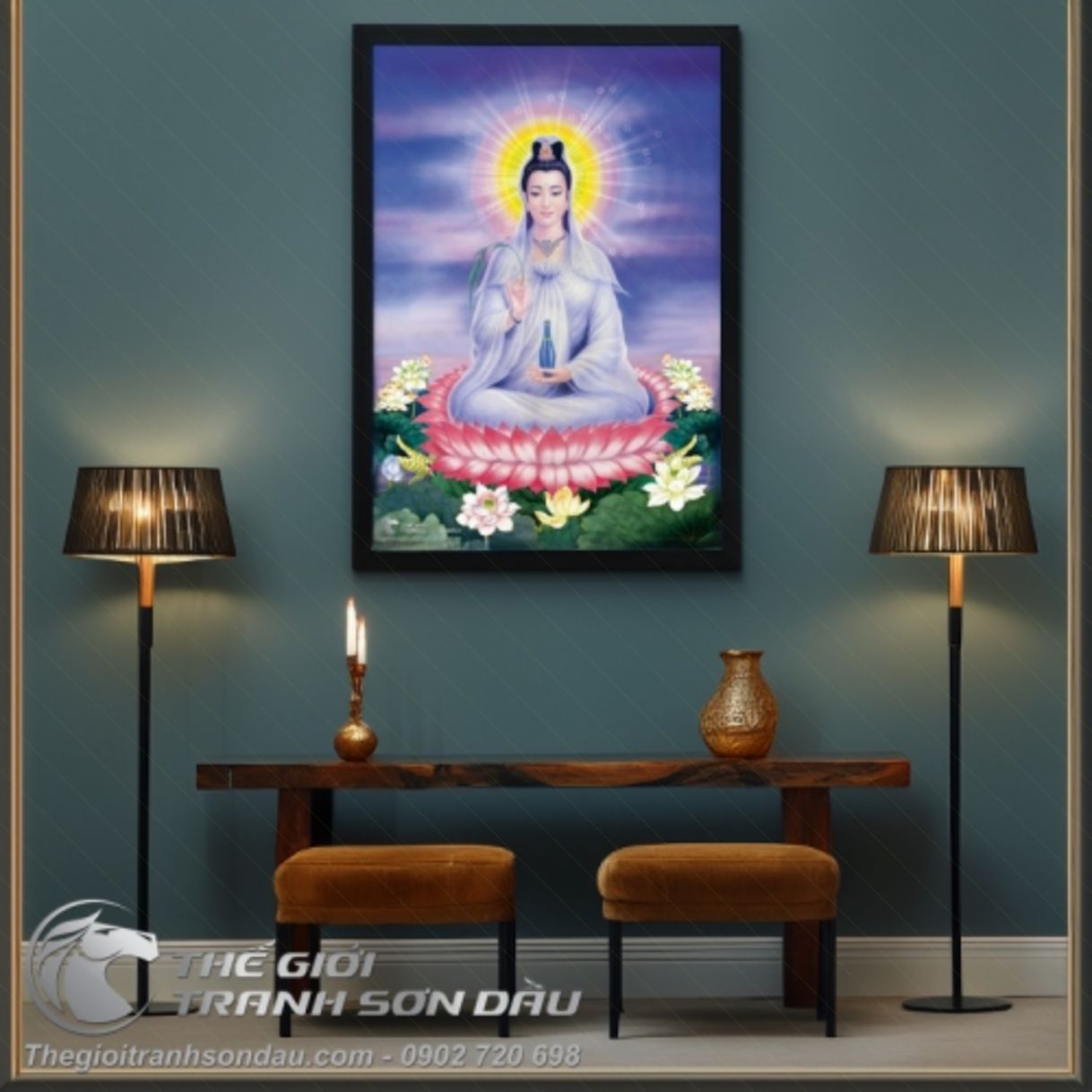 Bức Tranh Phật Quan Âm Ngồi Đài Sen Sơn Dầu 60x200cm Đẹp Tinh Xảo 