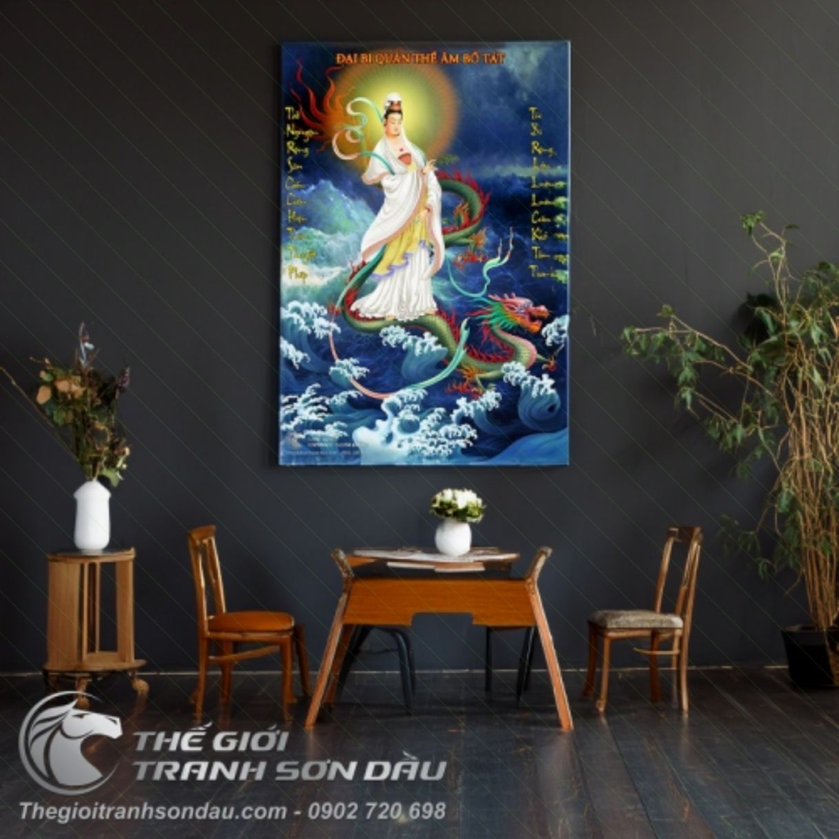 Tranh sơn dầu bồ tát cưỡi rồng bay đa kích thước đẹp 