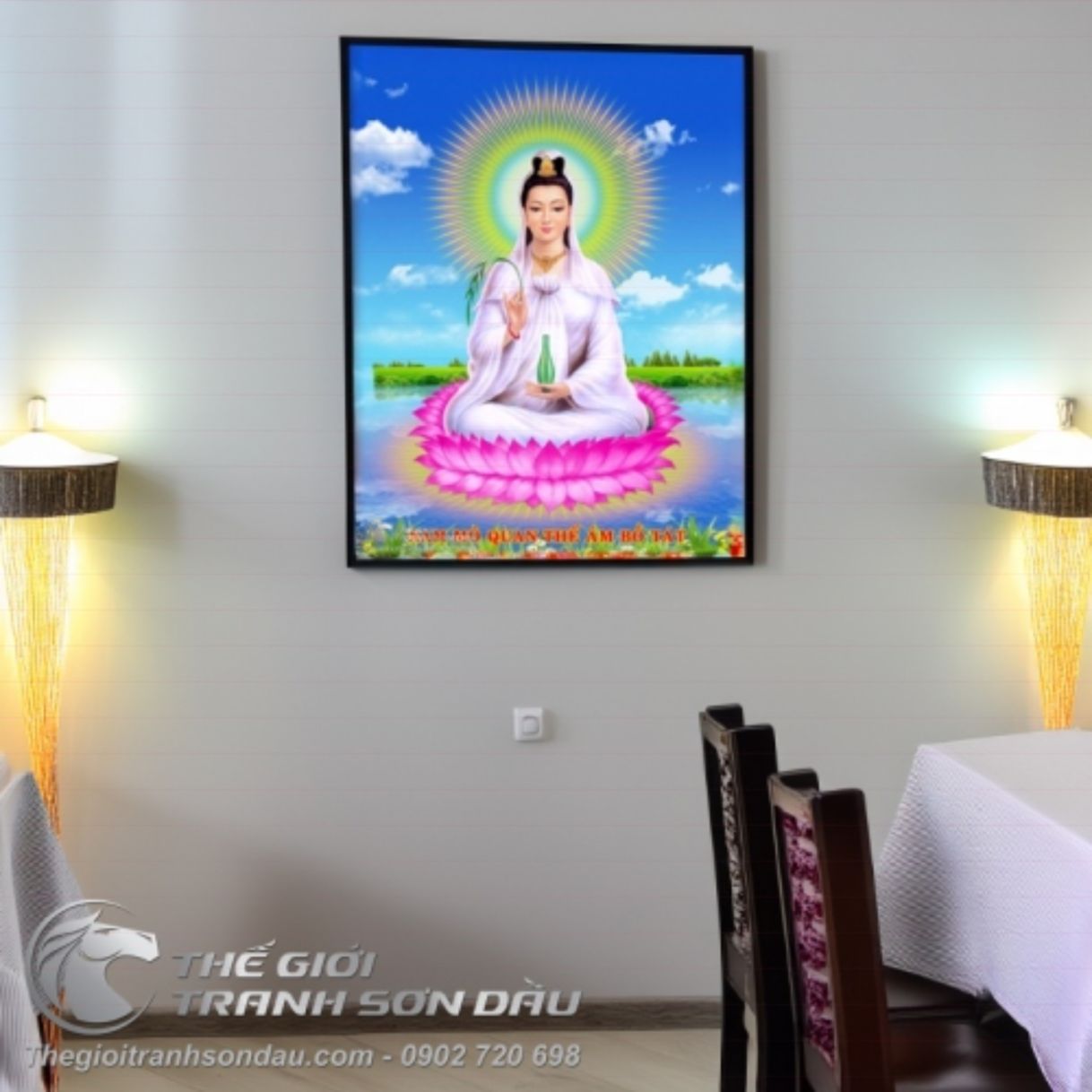 Tranh Sơn Dầu Bồ Tát Ngồi Đài Sen 60x90cm Màu Sắc Đa Dạng 