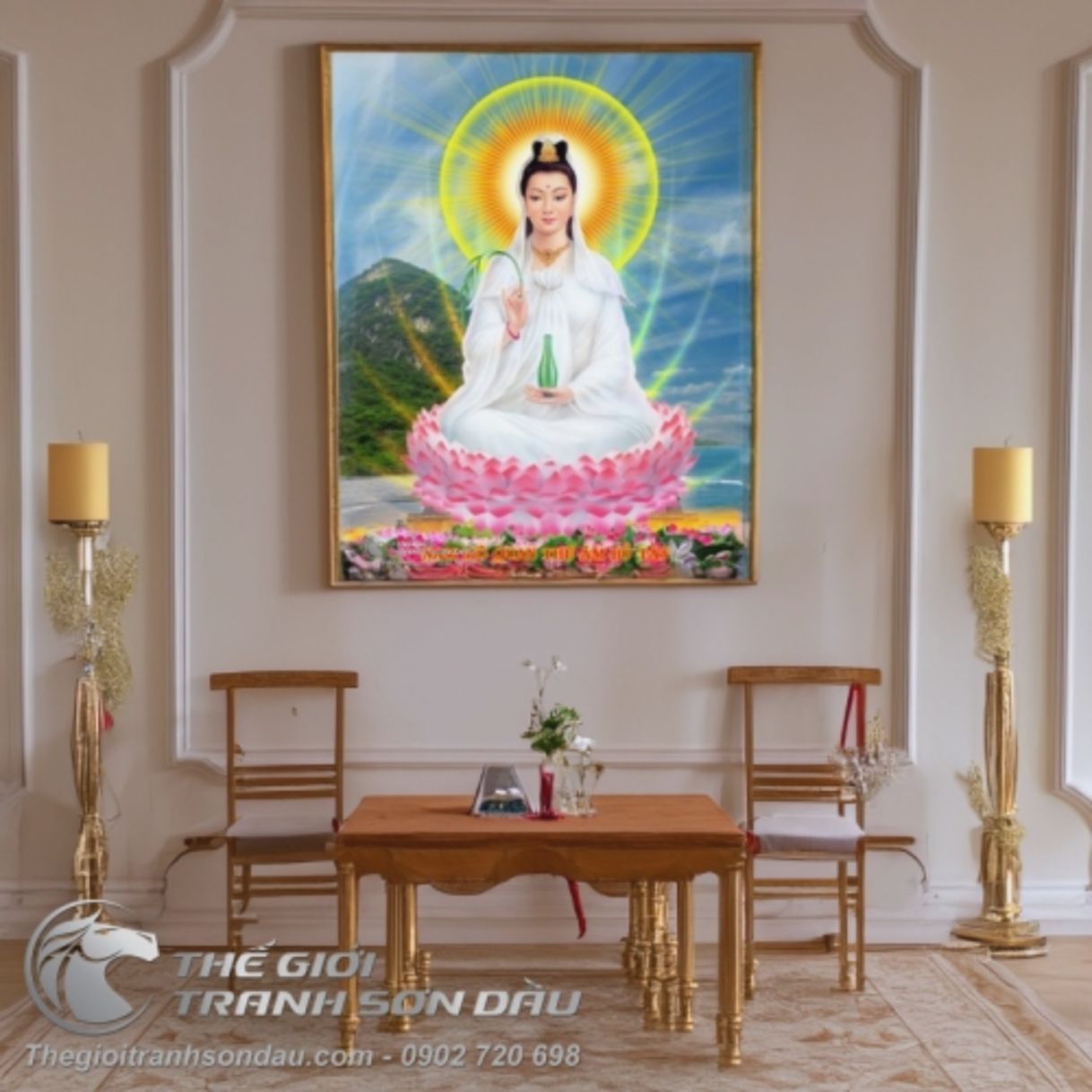 Tranh Phật Quan Âm Ngồi Bên Núi Sơn Dầu Khung Sang 