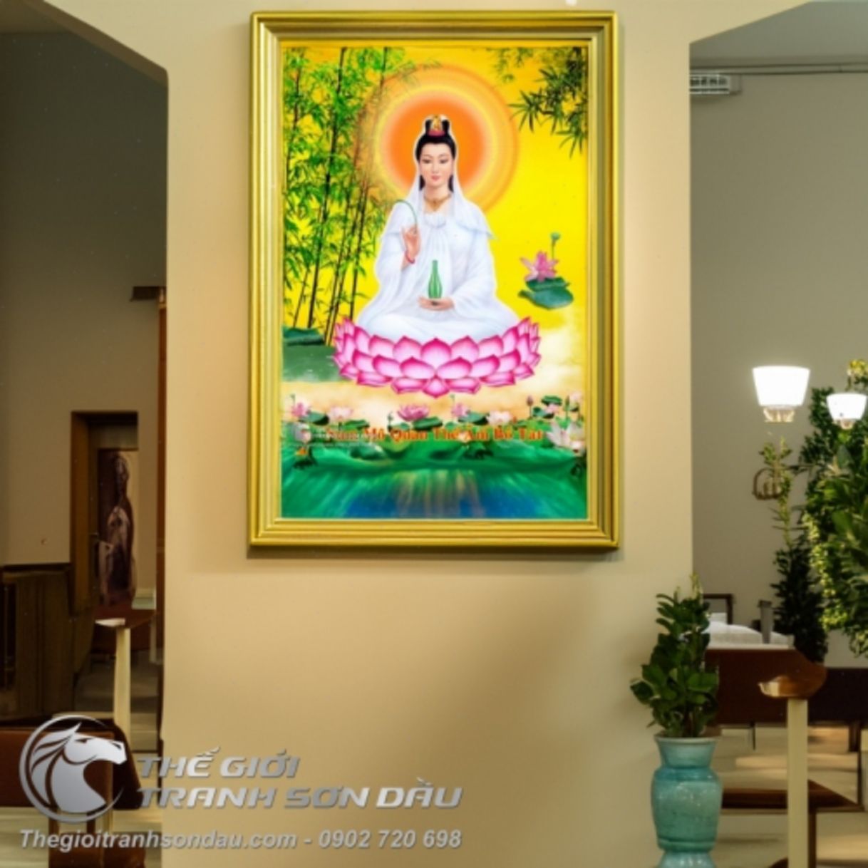 Tranh Phật Quan Âm Ngồi Nền Vàng Vẽ Sơn Dầu Sang Trọng Đa Kích Thước 