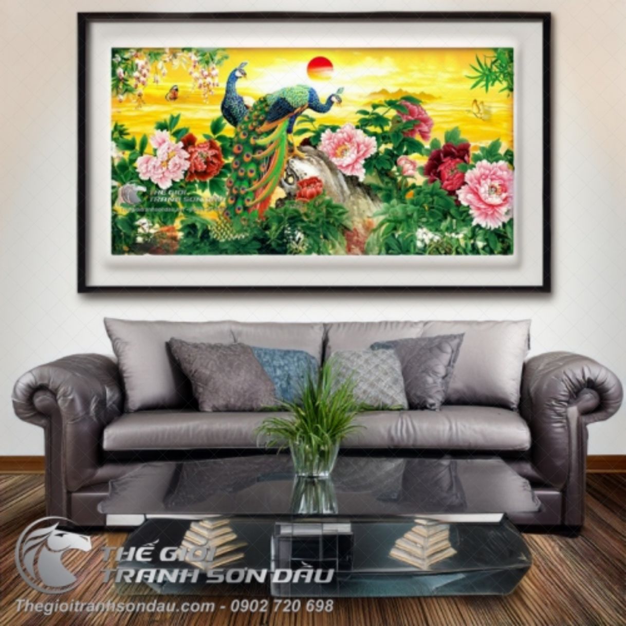 Tranh Đôi Chim Công Hoa Mẫu Đơn Sơn Dầu Đa Sắc 