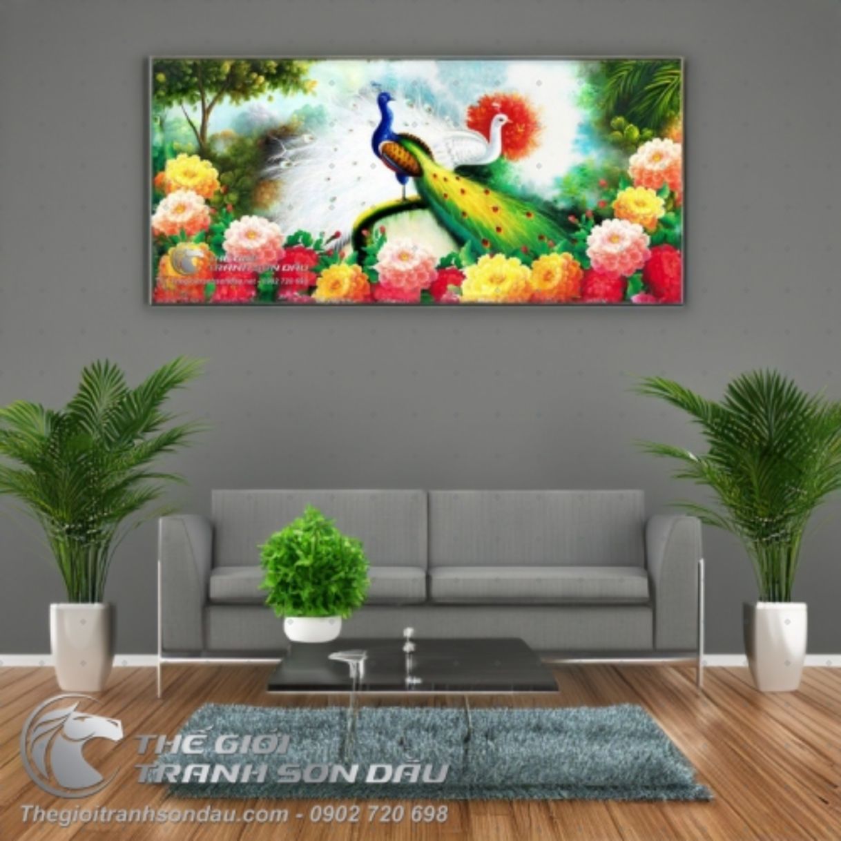 Tranh Vẽ Đôi Chim Công Và Hoa Mẫu Đơn Sơn Dầu Đẹp 60x90cm 