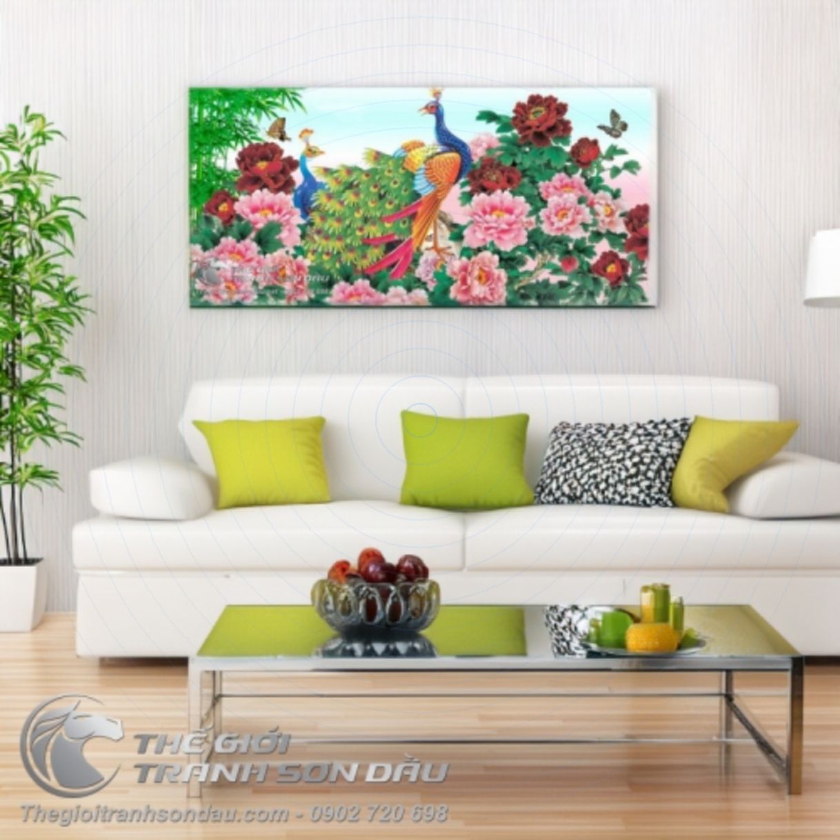 Tranh Uyên Ương Hoa Mẫu Đơn Bình An Sơn Dầu Cao Cấp Kích Thước Lớn 