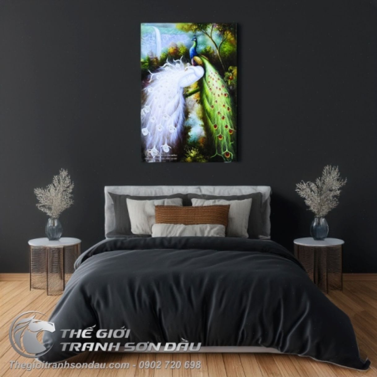 Tranh đôi uyên ương hạnh phúc bên nhau sơn dầu 60x90cm 
