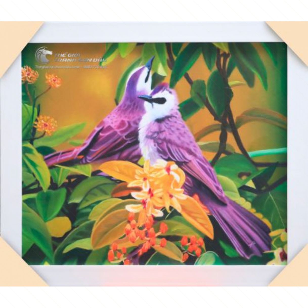 Tranh Sơn Dầu Đôi Chim Lông Tím Treo Tường Phòng Khách 