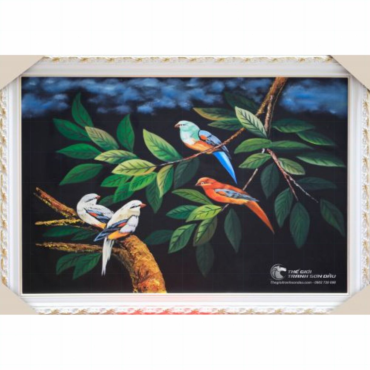 Tranh sơn dầu 2 đôi chim đa sắc nhiều kích thước khung 6cm nhập khẩu 